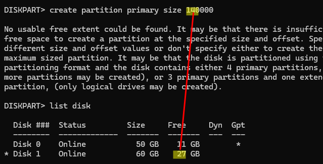 diskpart -> list disk - недостаточно места на диске No usable free extent could be found
