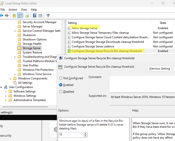 Групповые политики Storage Sense для автоматической очистки корзины