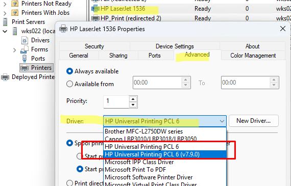 Изменить версию драйвера для принтера
