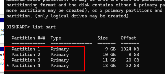 list part - нельзя создать более 4 primary разделов