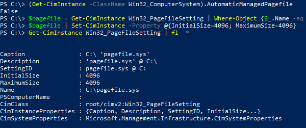 Настройка параметров файла подкачки из PowerShell