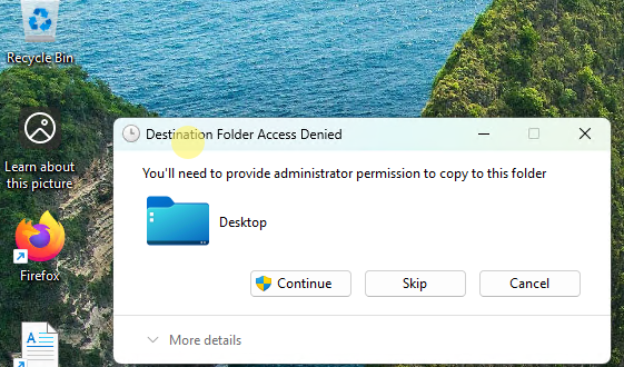 Нет прав на создание / копирование на рабочий стол