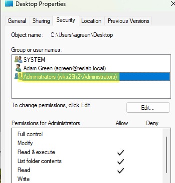 NTFS права доступа к рабочему столу для администраторов