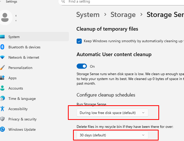 Очистка корзины через функцию Storage Sense в Windows 