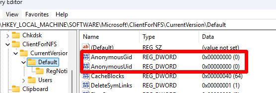 параметры реестра AnonymousUid и AnonymousGid для NFS