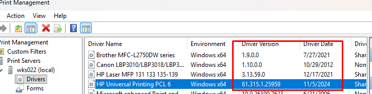 Просмотр версий и дат выпуска драйверов в консоли управления печатью