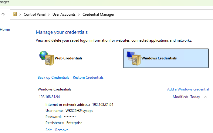 Сохраненные пользователи в диспетчере учетных данных