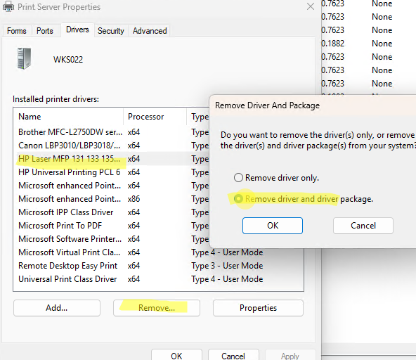 Удалить драйвер принтера через свойства сервера печати