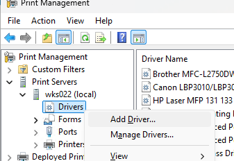 Установить драйвер через консоль управления принтерами