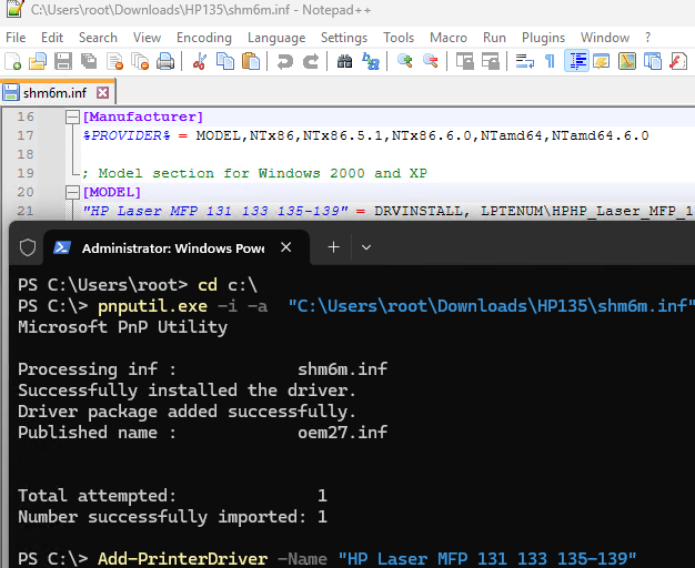 установка драйвера принтера из командной строки
