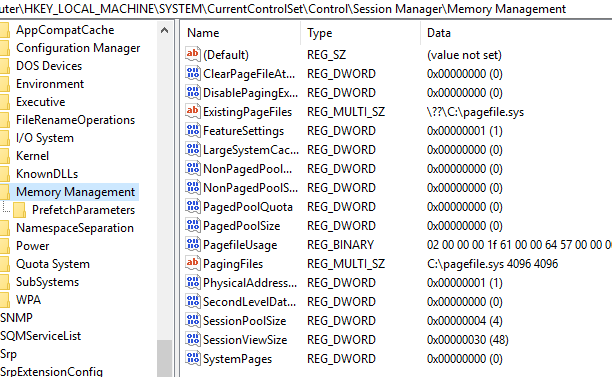 Ветка реестра, в которой хранятся настройки файла подкачки