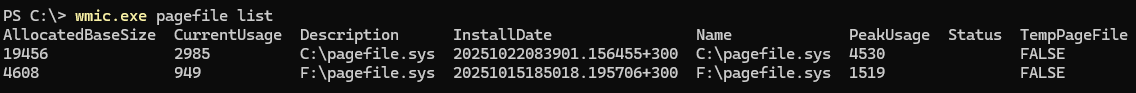 wmic pagefile list - вывести текущие размер и используемые файлы подкачки