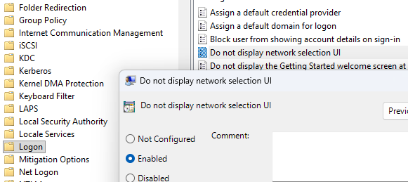 Do not display network selection UI - параметр GPO 