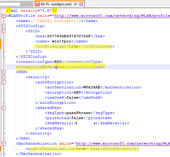 Дополнительные параметры WLAN профиля в XML файле