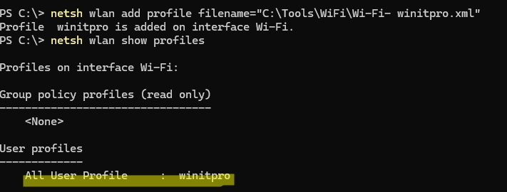 Импорт wifi профиля на другой компьютер: netsh wlan add profile 