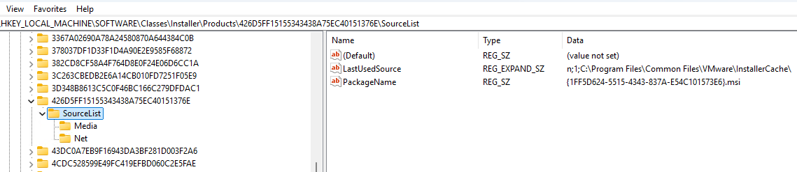 Информация об MSI установщиках в HKLM\software\classes\installer\products