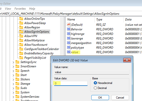 Ключ реестра AllowSignInOptions управляет видимостью параметров входа в систему