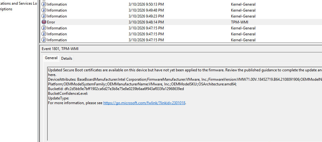 Ошибка от источника TPM-WMI с кодом 1801: Updated Secure Boot certificates are available on this device but have not yet been applied to the firmware