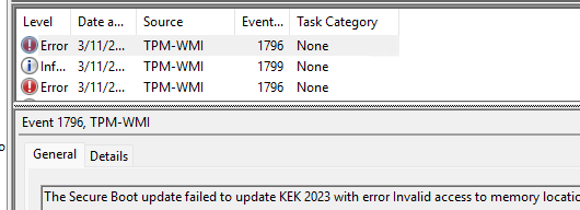 Ошибка TPM-WMI:1796 The Secure Boot update failed to update KEK 2023 with error Invalid access to memory location 