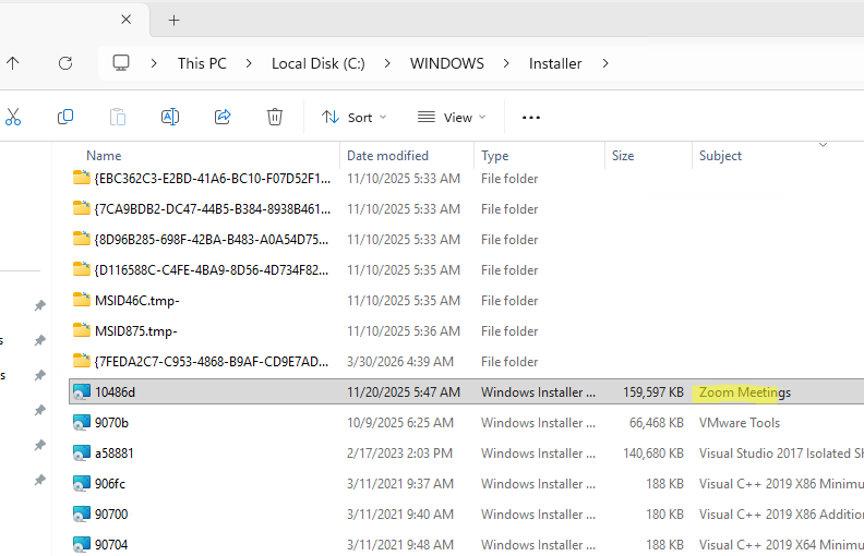 Показать имена MSI программ в папке C:\windows\installer