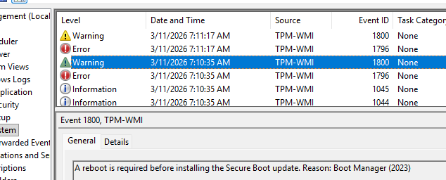 Событие TPM-WMI Event ID: 1800: A reboot is required before installing the Secure Boot update. Reason: Boot Manager (2023)). 