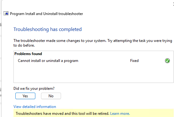 Успешное удаление программы с помощью Program Install and Uninstall Troubleshooter