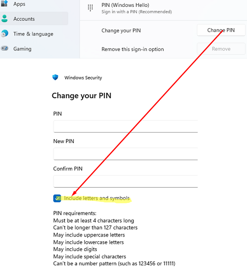 Включить буквы и спецсимволы для ПИН кода