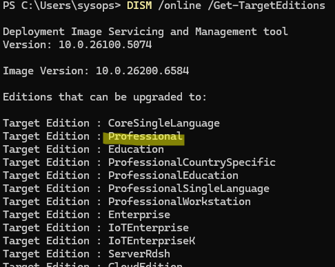DISM /online /Get-TargetEditions - до каких версий можно обновить Windows