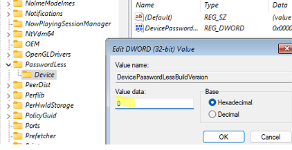 Параметр DevicePasswordLessBuildVersion - отключить беспарольный вход