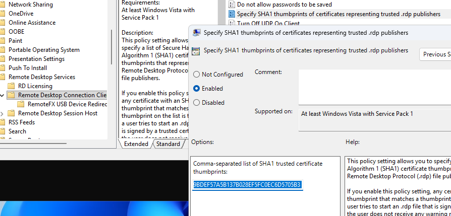 Параметр GPO - указать отпечатки SHA1 сертификатов, представляющих доверенных издателей RDP
