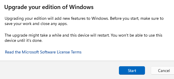 Подтвердите апгрейд редакции Windows 11