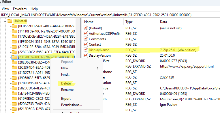 Поиск и удаление ветки программы в разделе реестра Uninstall