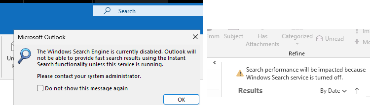 Поиск в Outlook на RDS сервере не работает, т.к. не запущена служба индексирования