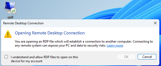 Предупреждение при открытии RDP файла
