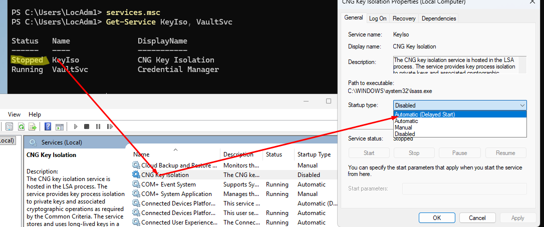 Проверить состояние служб Изоляция ключей CNG и Диспетчер учетных данных 