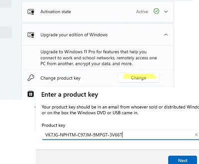 Указать новый ключ продукта для обновления Home до редакции Windows 11 Pro