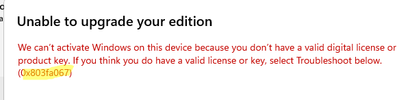 Unable to upgrade your edition - ошибка 0x803fa067
