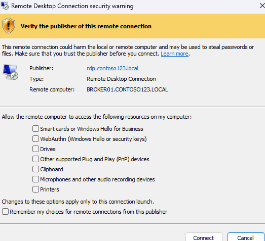 Verify the publisher of this remote connection. - выберите ресурсы которые пробросить в удаленную сессию