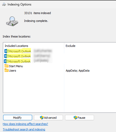 Все пути и элементы в том числе Outlook доступны к поисковой индексации