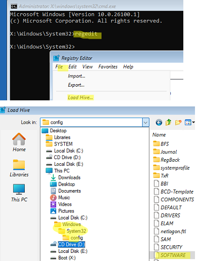Запустить редактор реестра и закрузить офлайн куст SOFTWARE 