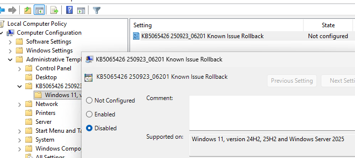 KB5065426_20250923_06201 Known Issue Rollback 