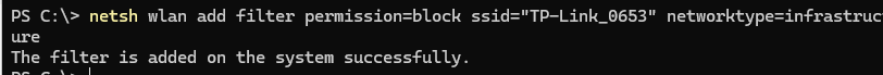 netsh wlan add filter permission=block - заблокировать (скрыть) wifi сеть в windows
