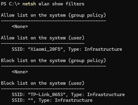 netsh wlan show filters - вывести все фильтры беспроводных сетей