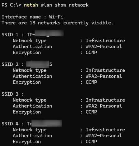 netsh wlan show networks- вывести доступные wifi сети в радиусе