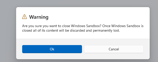 Предупреждение об очистке всех данных при закрытии окна Sandbox