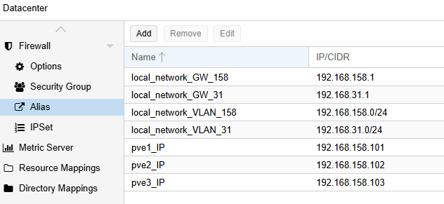 Создать алиасы для Proxmox Firewall