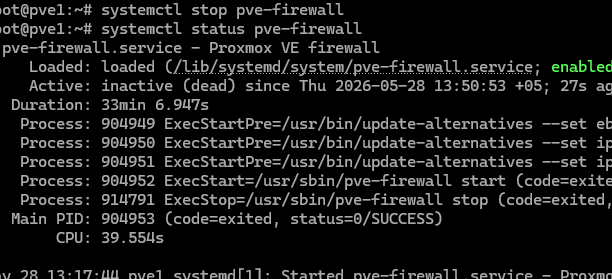 systemctl stop pve-firewall