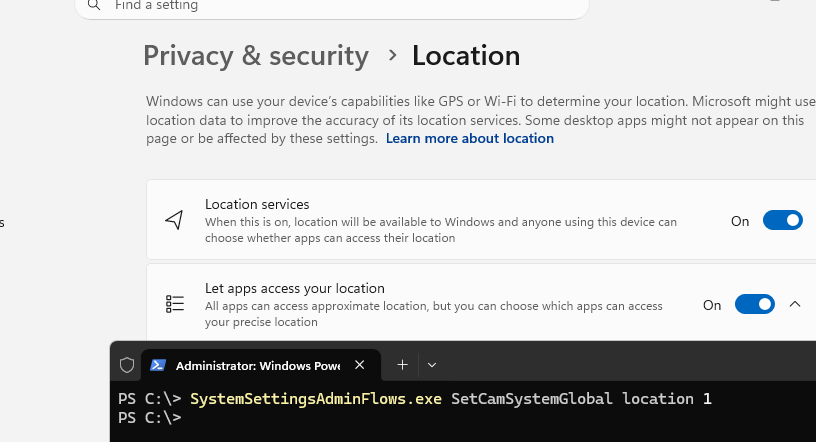 SystemSettingsAdminFlows.exe SetCamSystemGlobal location 1 - разрешить доступ к геолокации