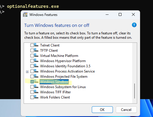 Установка компоеннта Windows Sandbox в Windows