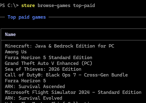 Вывести лучшие игры: store browse-games top-paid